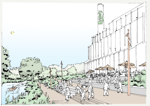 This image: An illustrative sketch showing how the waterside could become a riverside destination, outside the Carlsberg Brewery.
The map in this chapter highlights the River Nene and shows indicative connections between the river and the town centre.
There are interactive map markers which show illustrative photographs and sketches of how these areas could look. The sketches are overlaid
with aerial images showing current site conditions for comparison.